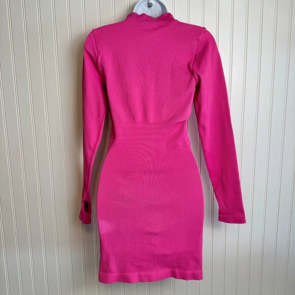 OQQ Bright Pink Ribbed Mock Neck Long Sleeve Tummy Control Mini Dress Large N44 - Picture 5 of 6